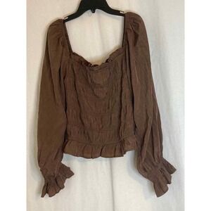 Promesa‎ Women's Brown Smocked Square Neck Ruffle Sleeve Peasant Blouse Top